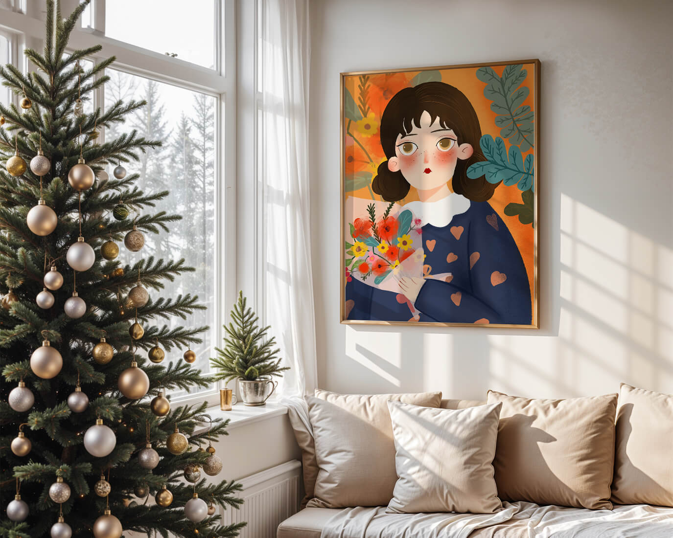 Ilustración colorida de una niña con flores rodeada de un fondo floral vibrante.
