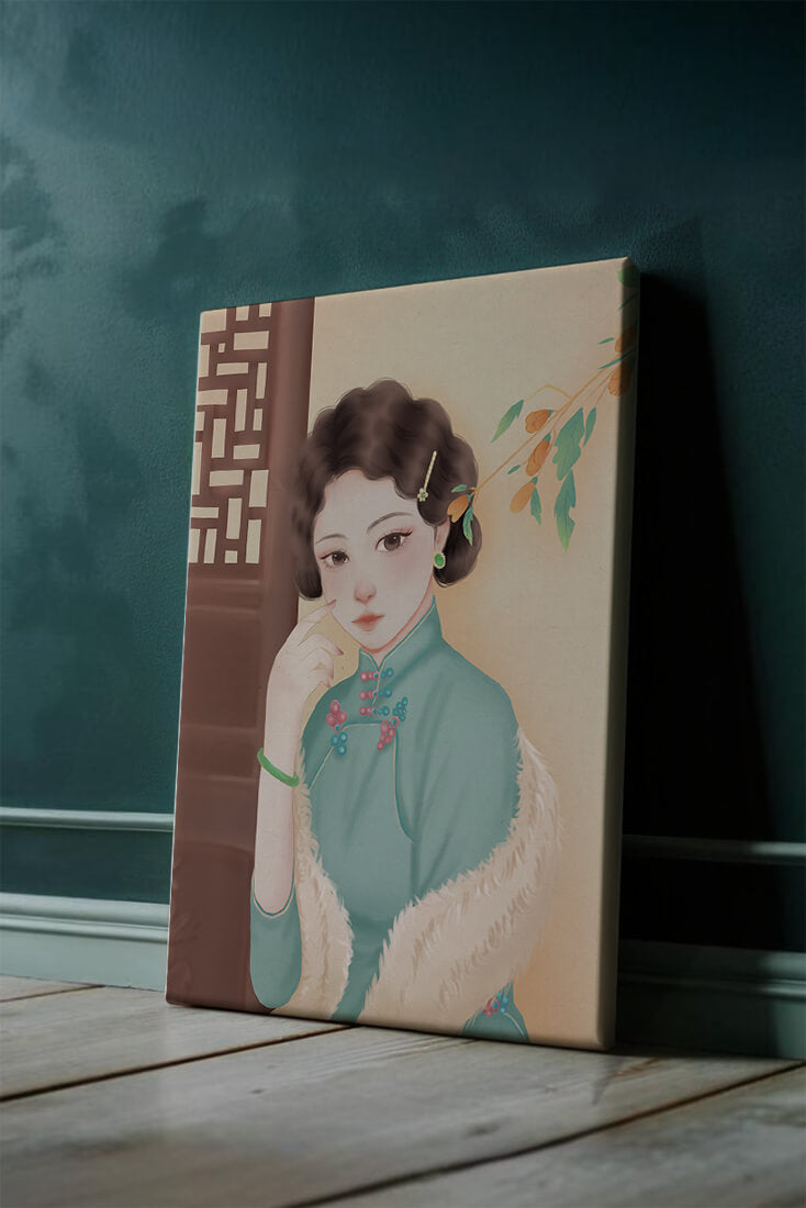 Elegant portrait of a woman in traditional attire with jade accessories