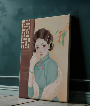 Elegante retrato de una mujer con atuendo tradicional y accesorios de jade