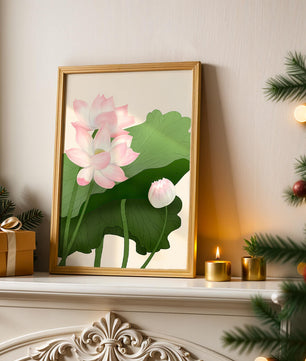 Delicate pink lotus flowers with verdant green leaves