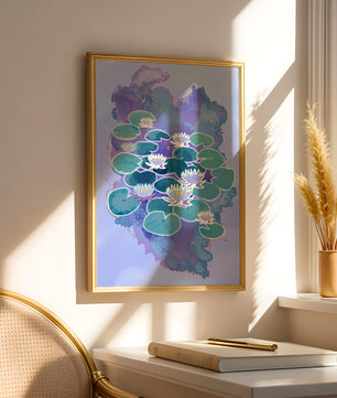 Serene aquatic scene with water lilies on abstract colorful background