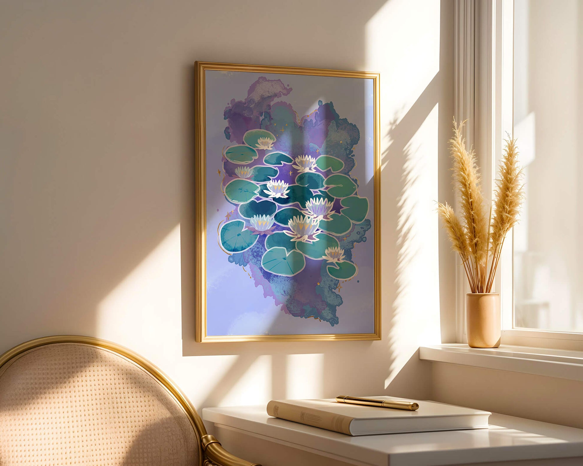 Serene aquatic scene with water lilies on abstract colorful background