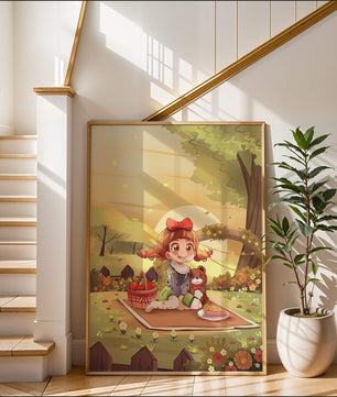 Whimsical picnic scene with a young girl and teddy bear under sunset in vibrant meadow