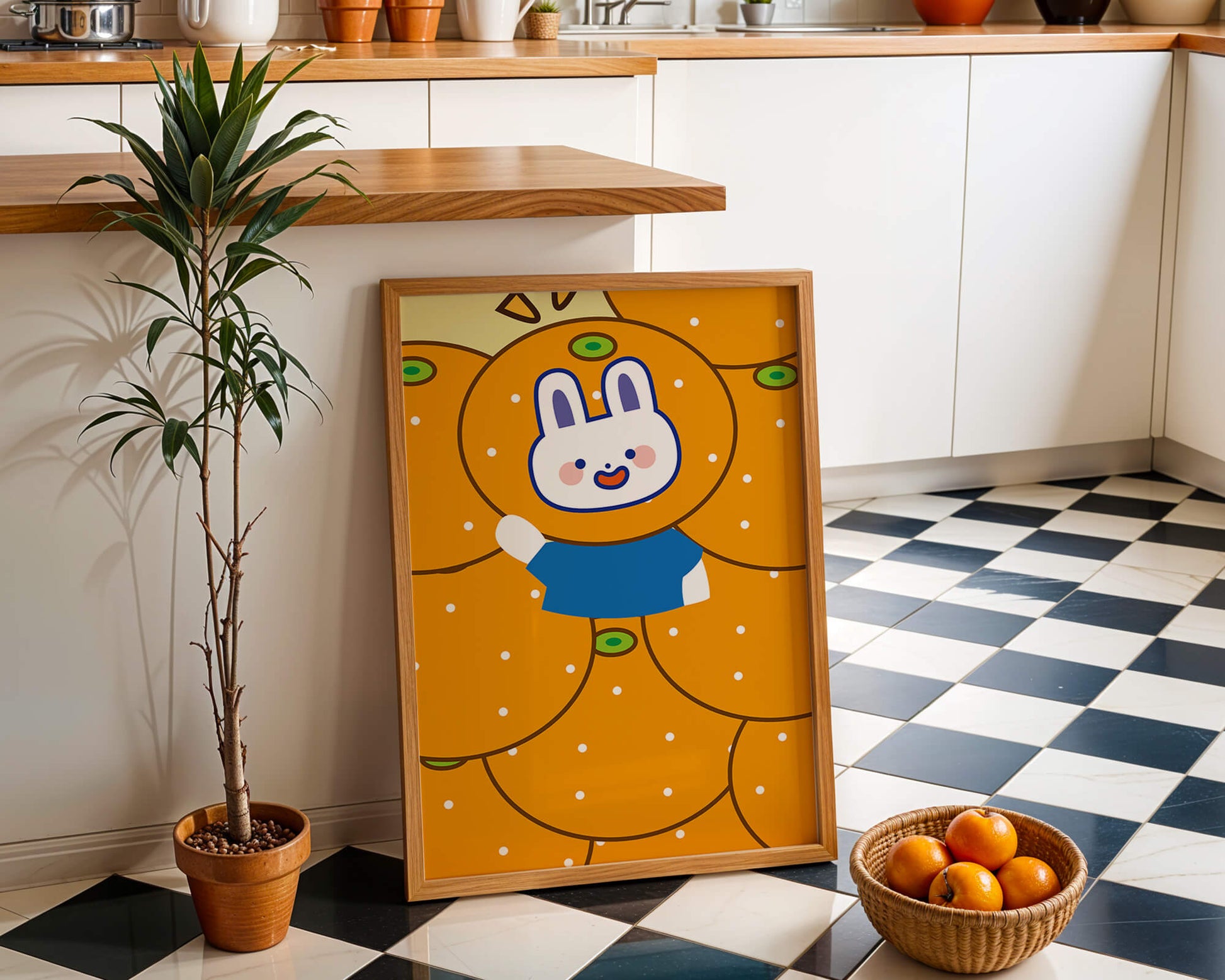 Whimsical illustration of a bunny surrounded by oranges