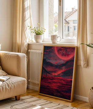 Surreal Scarlet Landscape with Bridge and Celestial Body