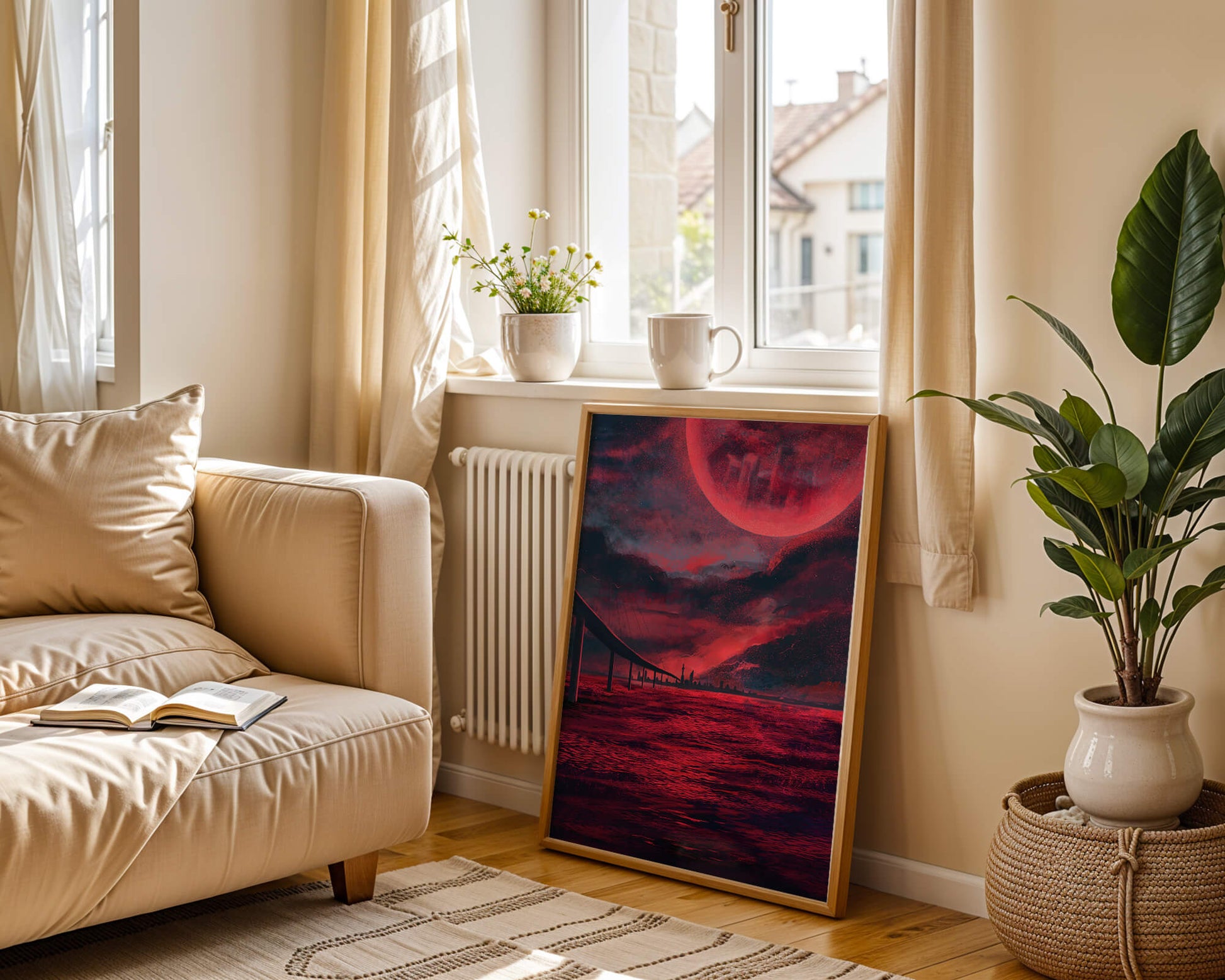 Surreal Scarlet Landscape with Bridge and Celestial Body