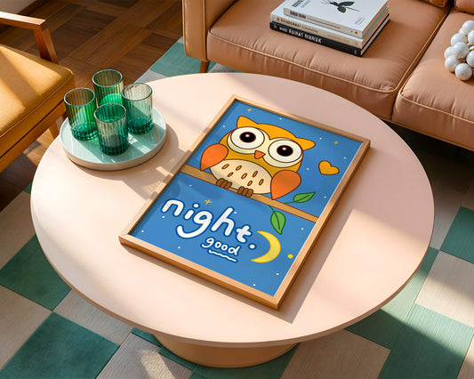 Colorful owl illustration with night theme and positive message