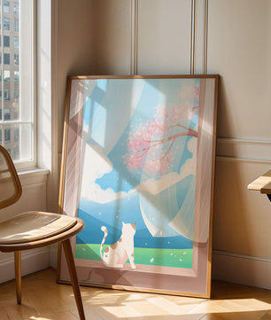 Serene scene with cat gazing out at cherry blossoms through window