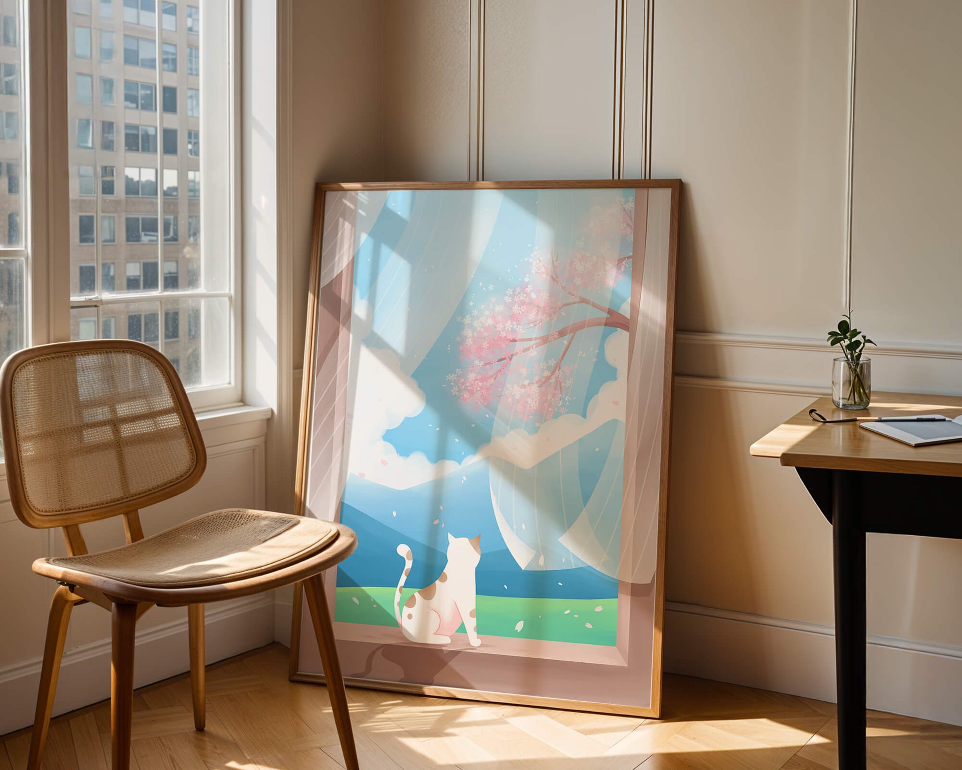 Serene scene with cat gazing out at cherry blossoms through window