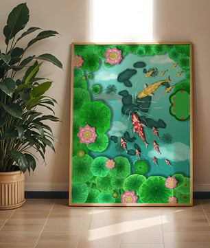 Étang à carpes koï vibrant avec des fleurs de lotus et des nénuphars verts