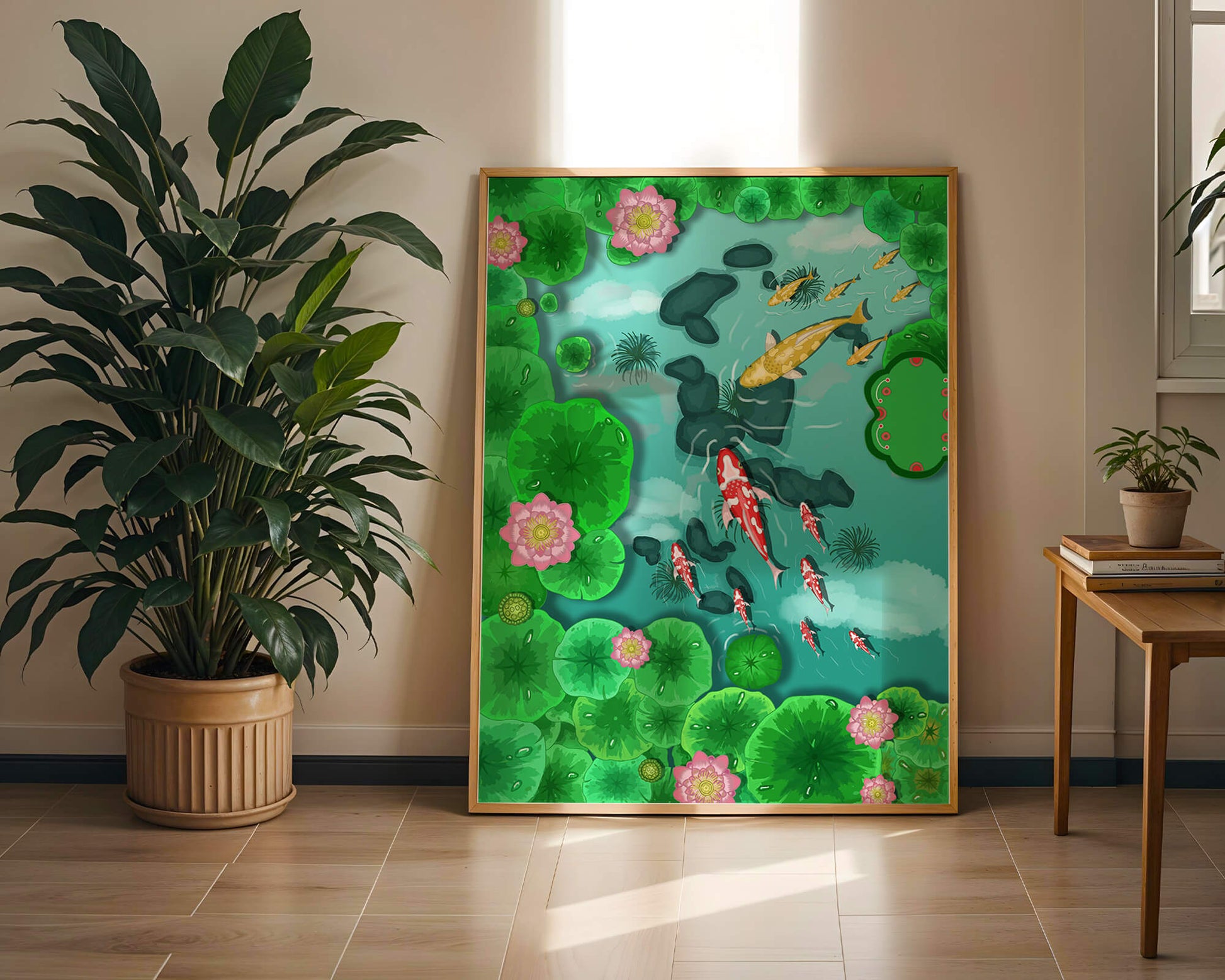 Étang à carpes koï vibrant avec des fleurs de lotus et des nénuphars verts