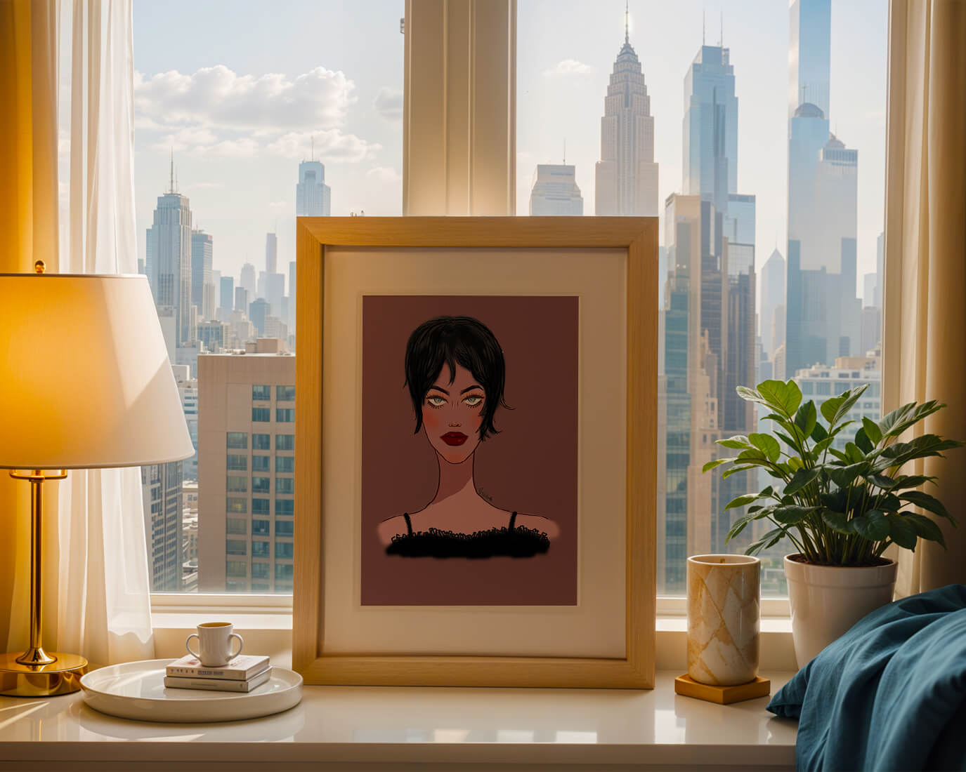 Illustration of a woman with short black hair and striking makeup on a brown background