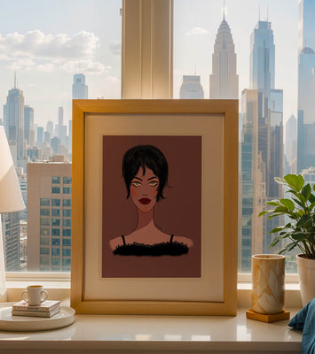 Illustration of a woman with short black hair and striking makeup on a brown background