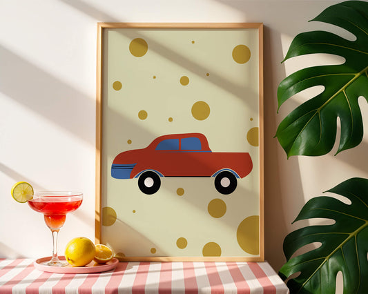 Abstract illustration of a red car with golden circles on a beige background