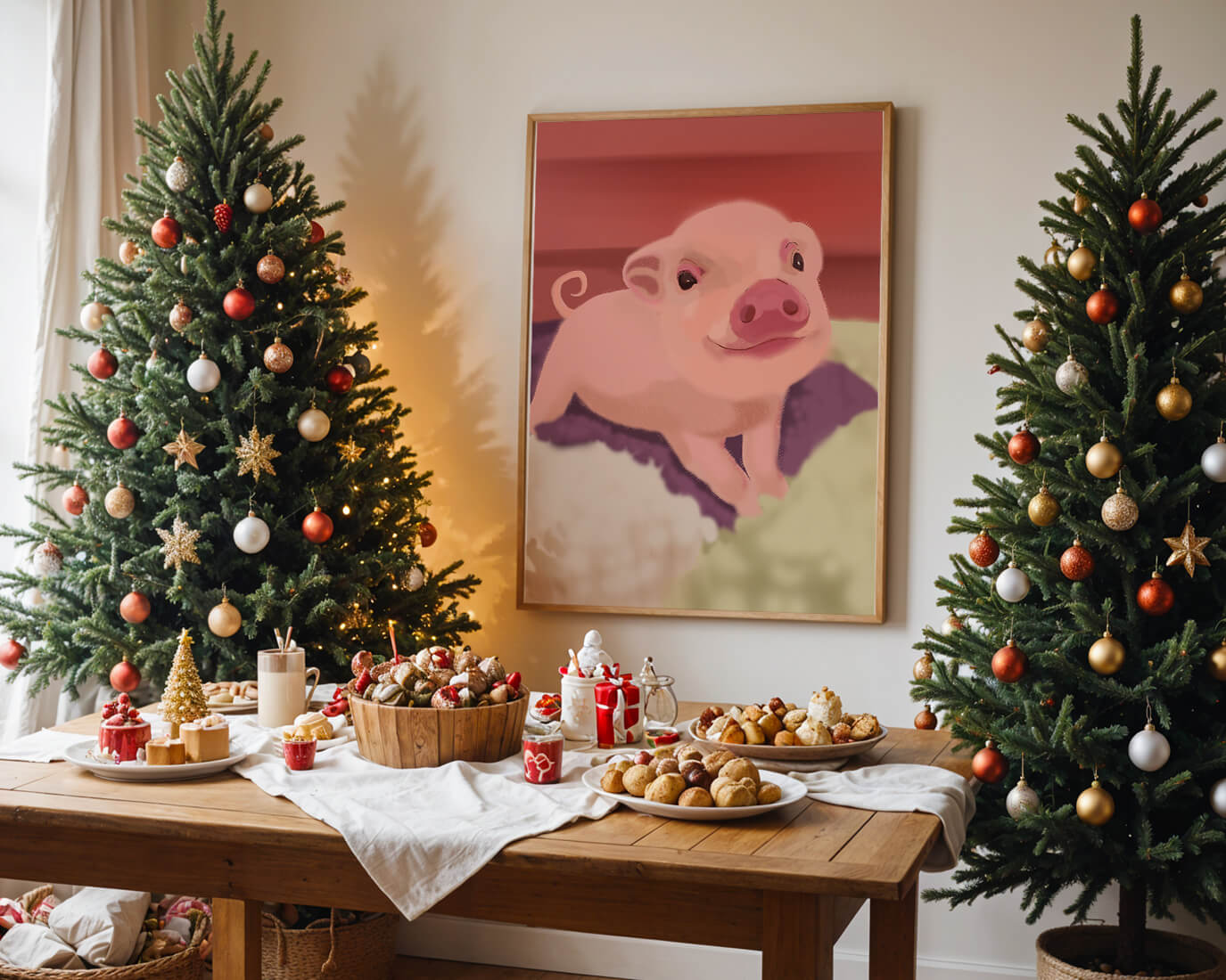 A charming illustration of a cute piglet with a warm background