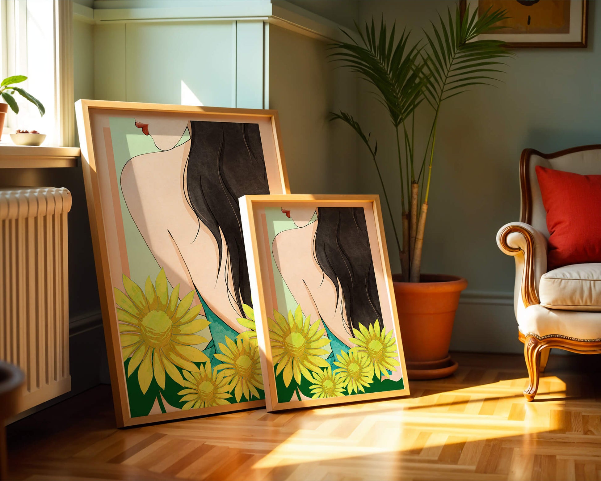 Ilustración de una mujer elegante con girasoles y cabello largo y oscuro