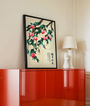 Delicate illustration of peach tree with birds and calligraphy
