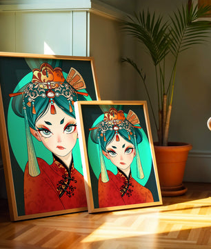 Elegant illustration of a woman in traditional attire with intricate headpiece