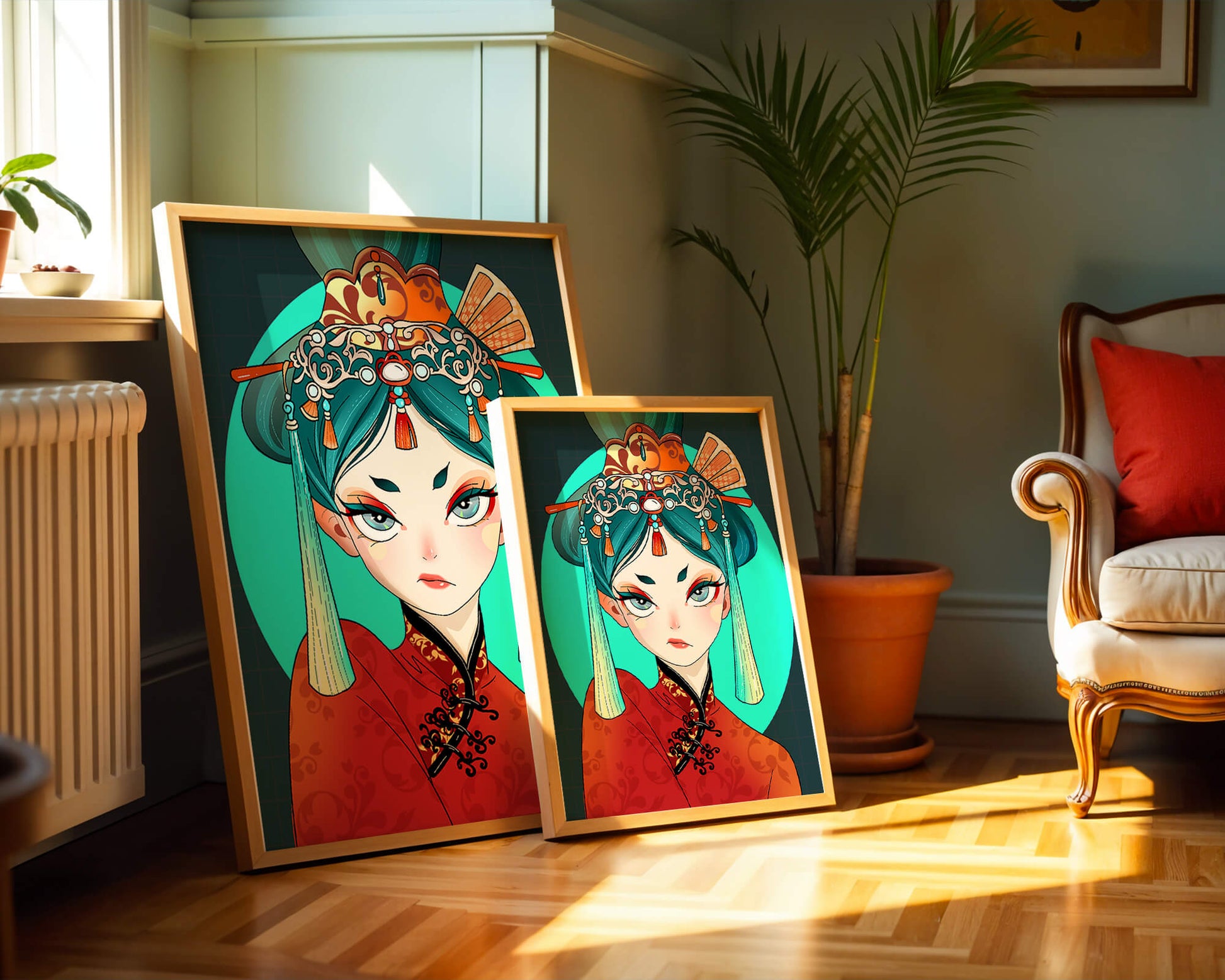 Elegant illustration of a woman in traditional attire with intricate headpiece