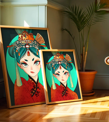 Elegant illustration of a woman in traditional attire with intricate headpiece