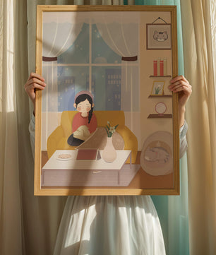 Cozy living room with a girl and a dog on a yellow sofa