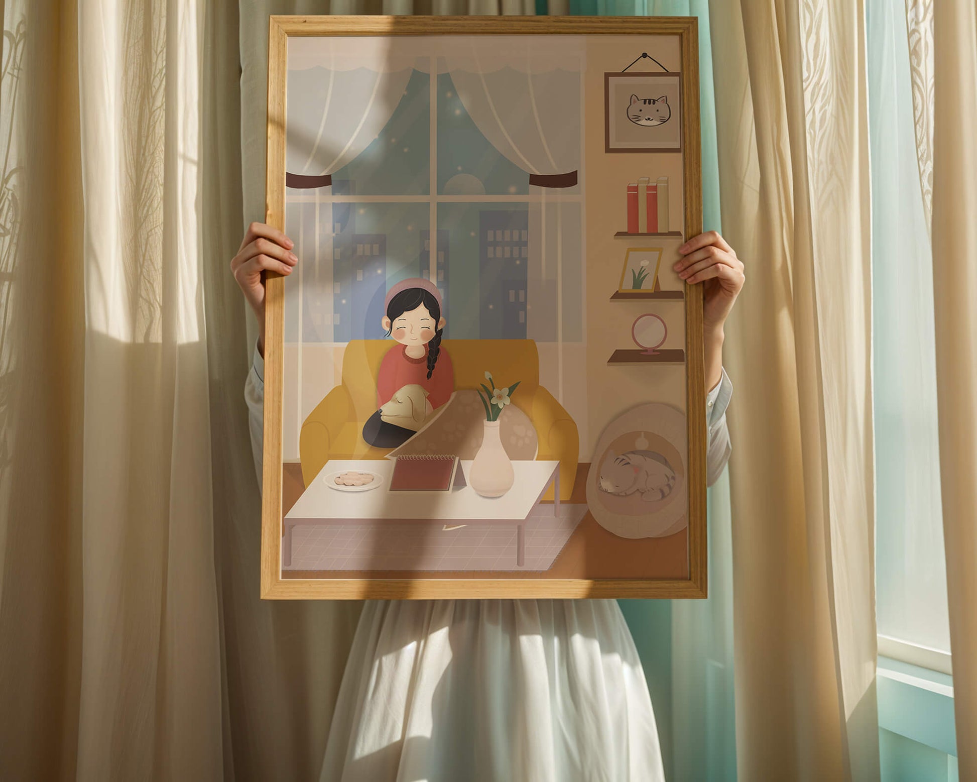 Cozy living room with a girl and a dog on a yellow sofa