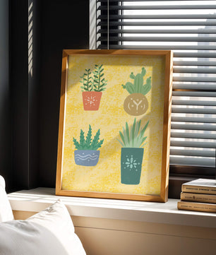 Illustrated potted plants on textured yellow background
