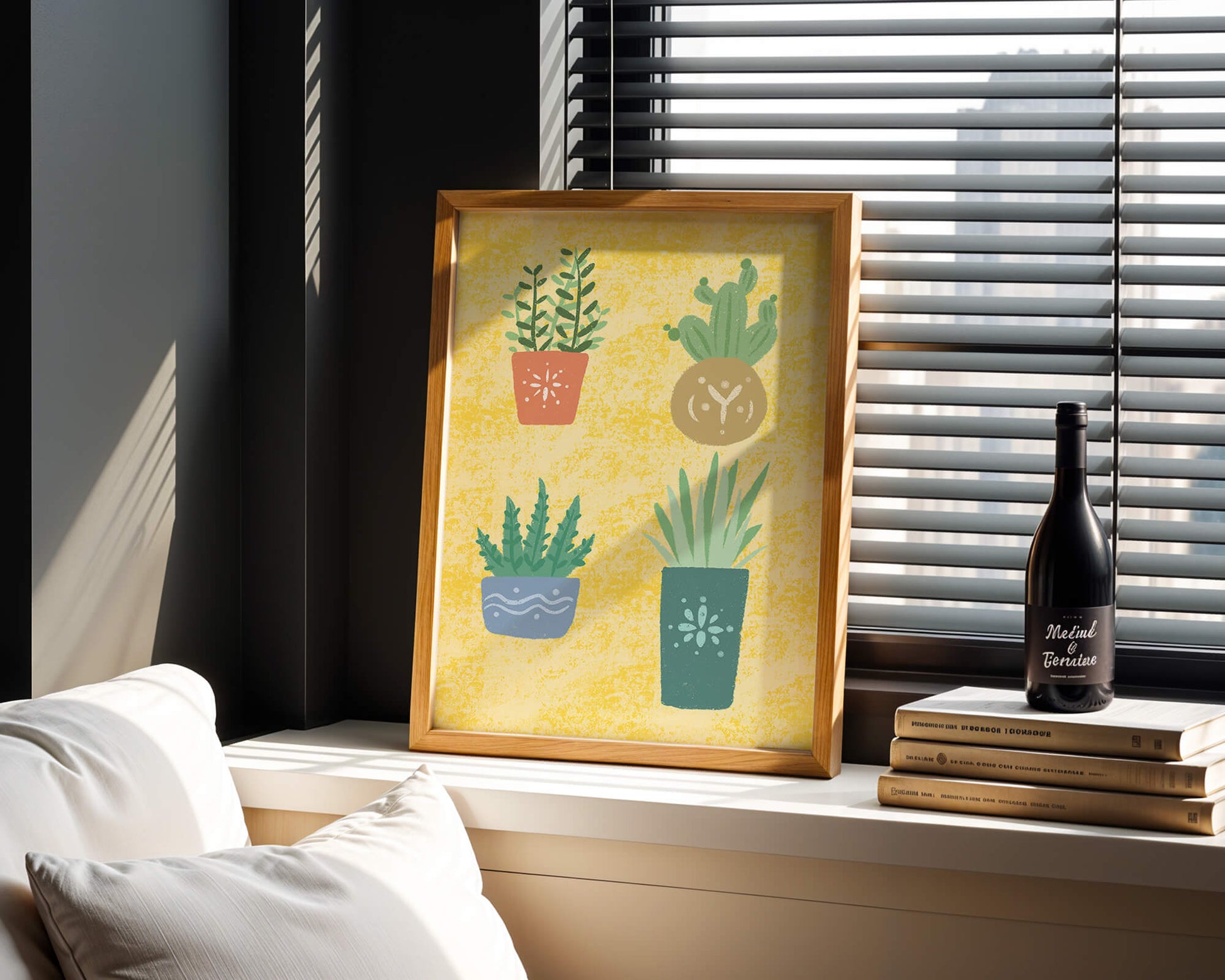 Illustrated potted plants on textured yellow background