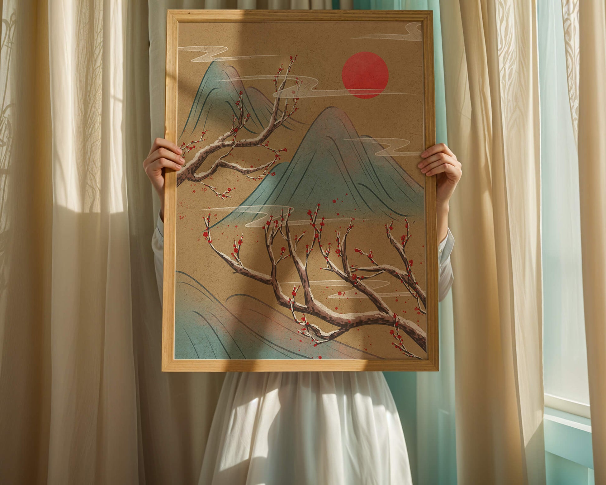 Tranquil landscape with cherry blossom and red sun