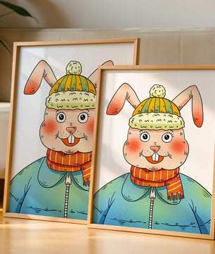 Charmantes Cartoon-Häschen mit Winteroutfit und verspieltem Ausdruck