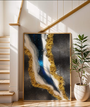 Abstract flowing design with gold, blue, and white textures