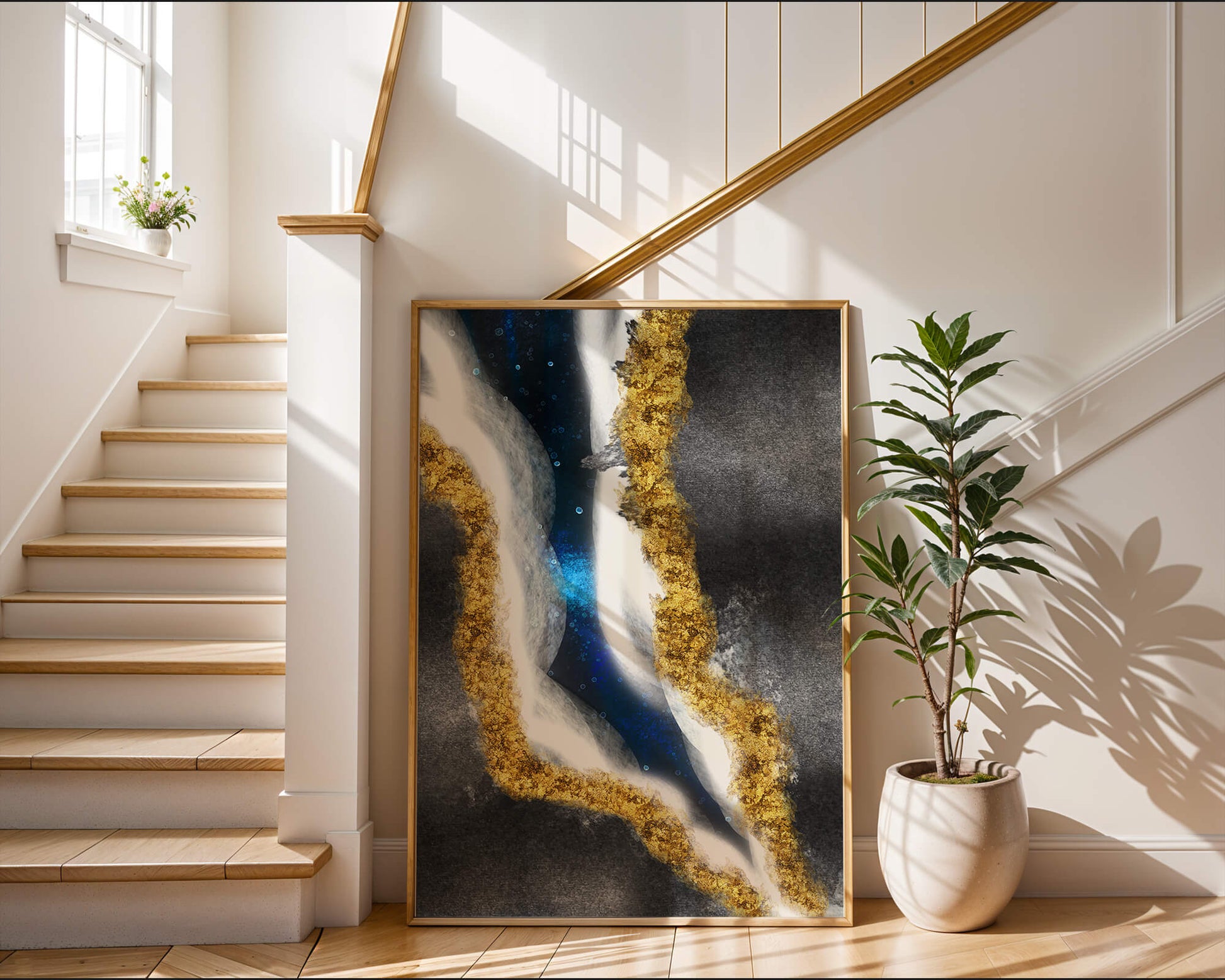 Abstract flowing design with gold, blue, and white textures