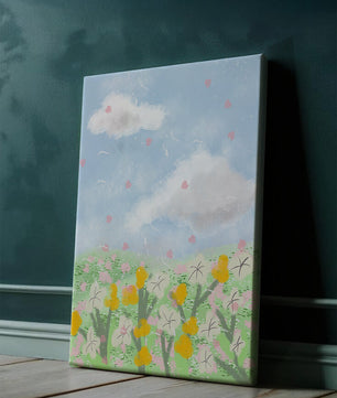 Paysage printanier avec nuages et fleurs
