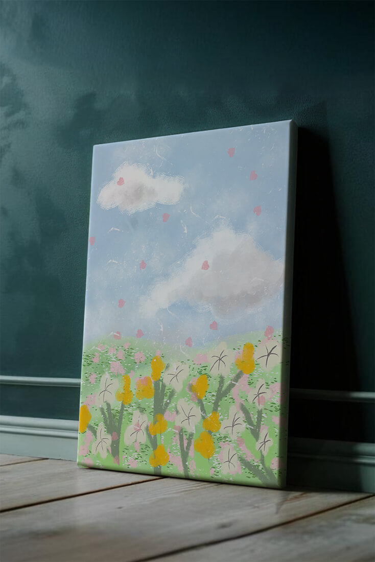 Paysage printanier avec nuages et fleurs