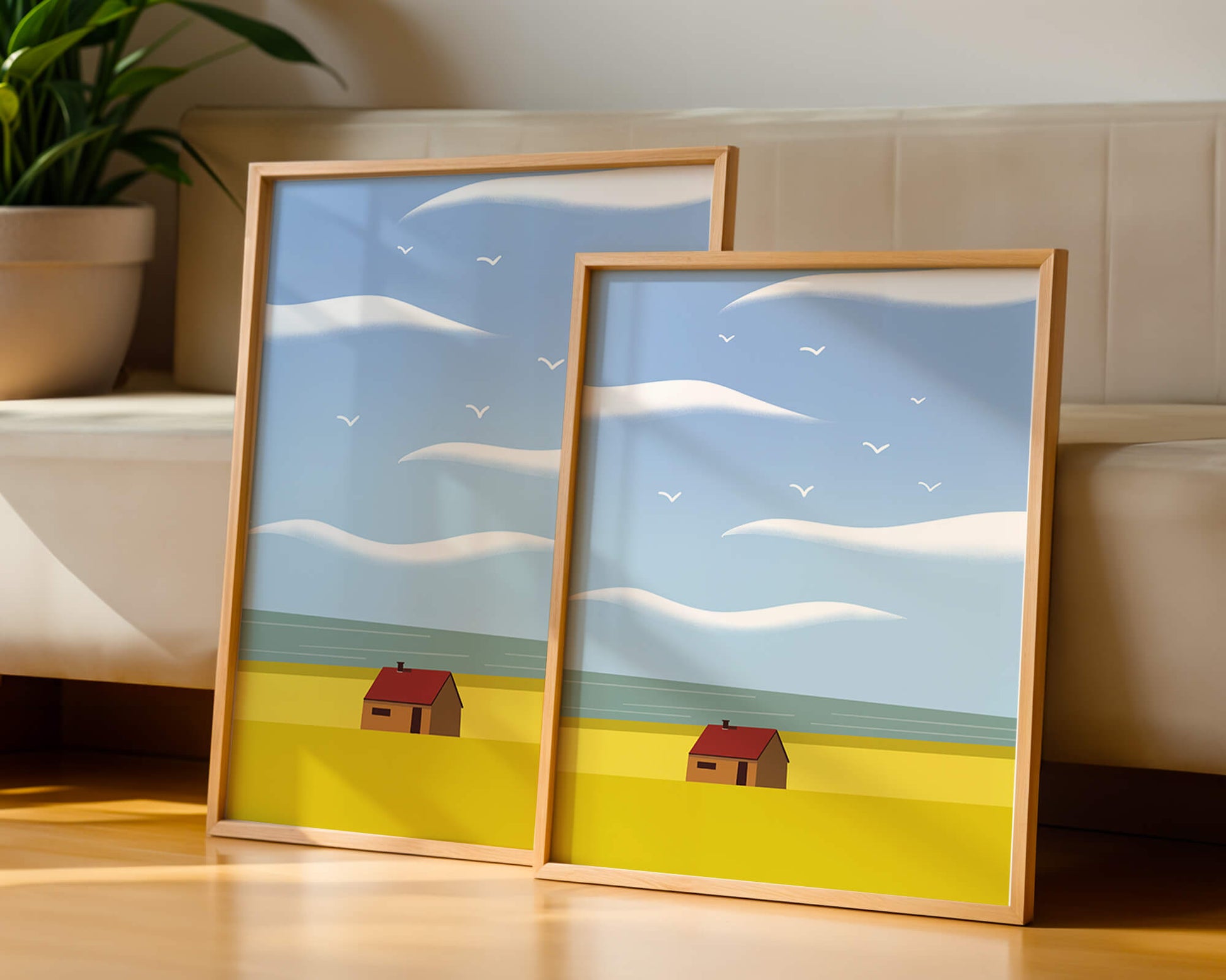Minimalistic Landscape with House and Sky
