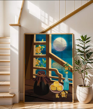 Noche iluminada por la luna con pasteles de luna y decoración floral sobre una mesa de madera