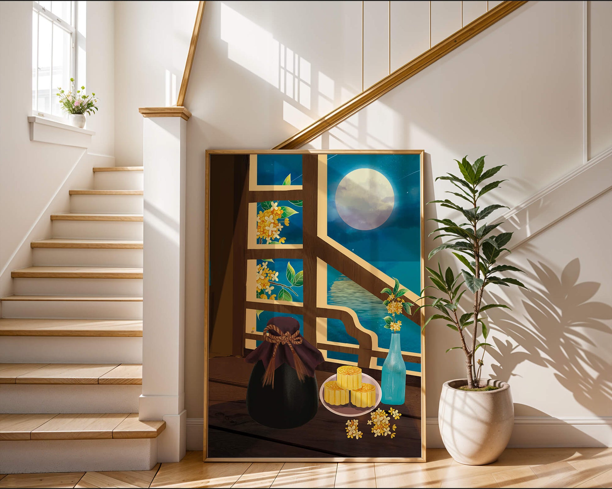 Noche iluminada por la luna con pasteles de luna y decoración floral sobre una mesa de madera