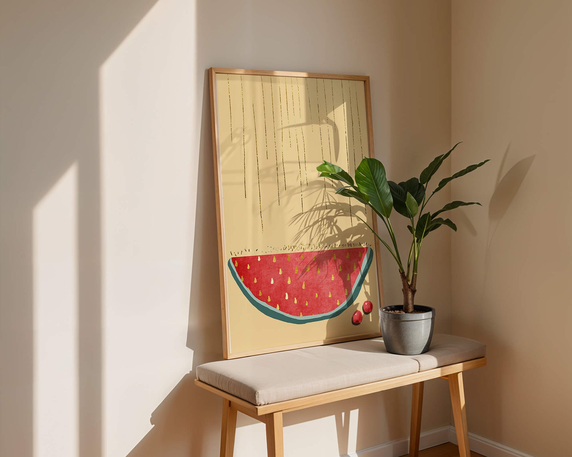 Abstract Watermelon Slice with Gold Accents on Minimalist Background