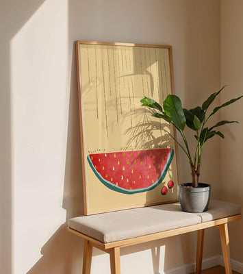 Abstract Watermelon Slice with Gold Accents on Minimalist Background