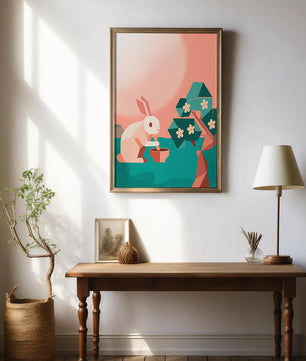 Conejo de origami abstracto con mortero y pistilo bajo un árbol en flor