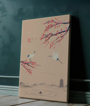Paysage asiatique élégant avec des grues et des branches de cerisier en fleurs