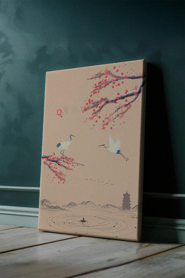 Elegant Asian landscape with cranes and cherry blossom branches