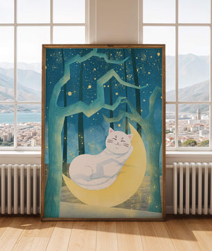 Cat sleeping on the moon in an enchanted forest under the starry sky