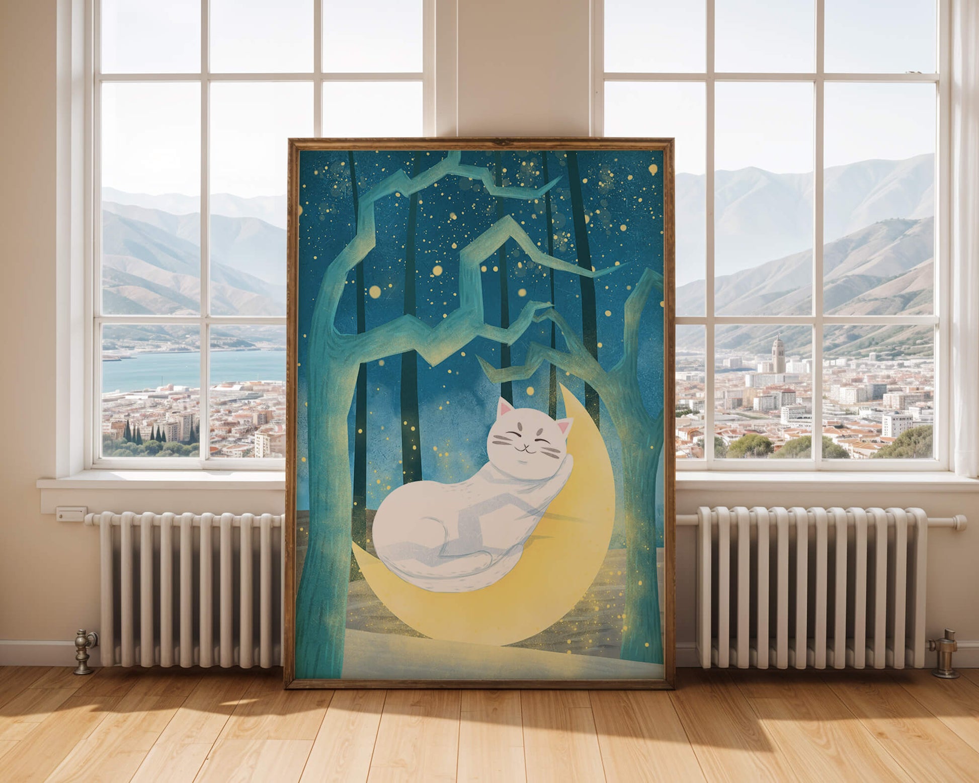 Cat sleeping on the moon in an enchanted forest under the starry sky