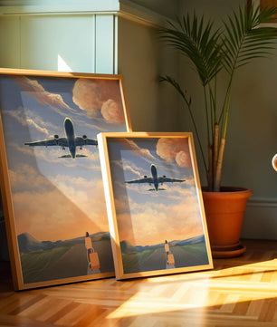 Serene airport departure with airplane and traveler at sunset