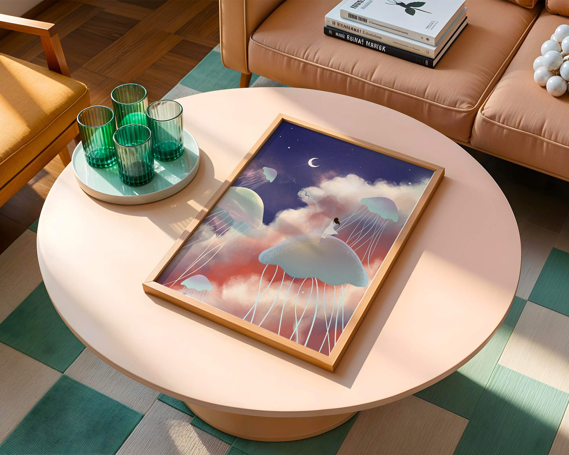 Dreamy Scene with Floating Jellyfish and Moonlit Sky