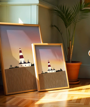 Lighthouse at Dusk with Colorful Sky and Field Landscape