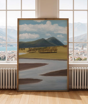 Paisaje sereno con montañas, árboles y río