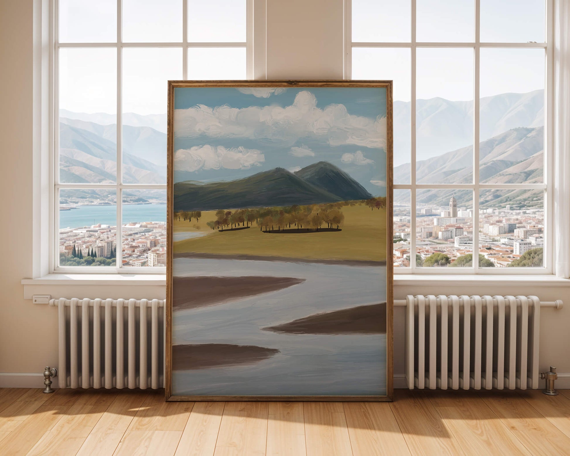 Serene Landscape with Mountains, Trees, and River