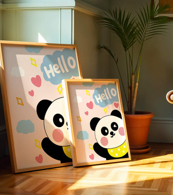 Panda illustration with playful elements and pastel colors